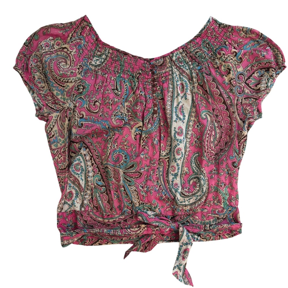 Ivy Jane Pink Paisley Smocked Tie Waist Boho Top Vintage Retro M Cotton USA Y2K